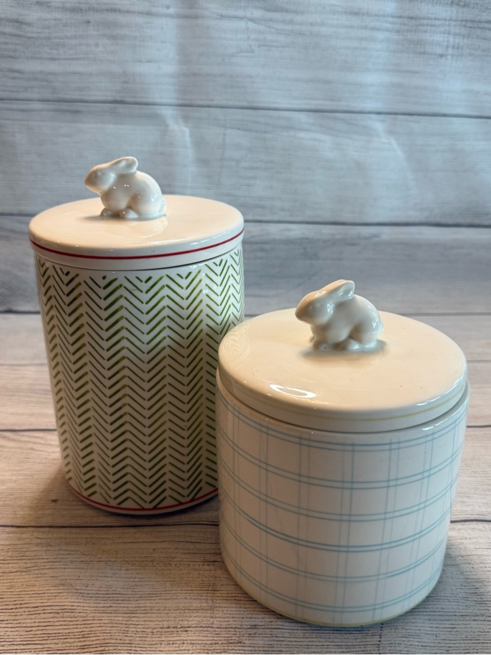 Threshold White Ceramic Bunny Lid Canister Set with Green and Blue Patterns